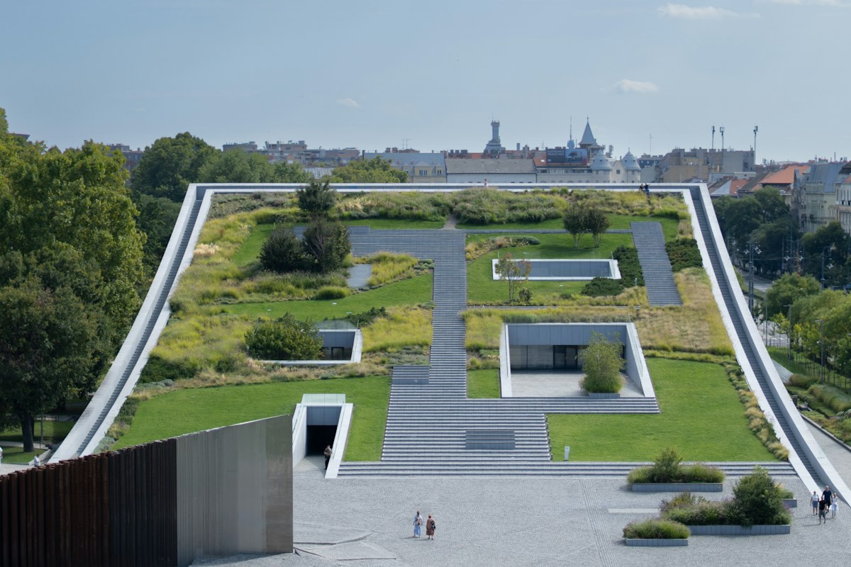 Green roof planted with grass and shrubs on top of a low building