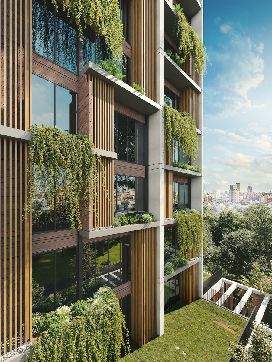 Building facade with hanging plants growing from planters