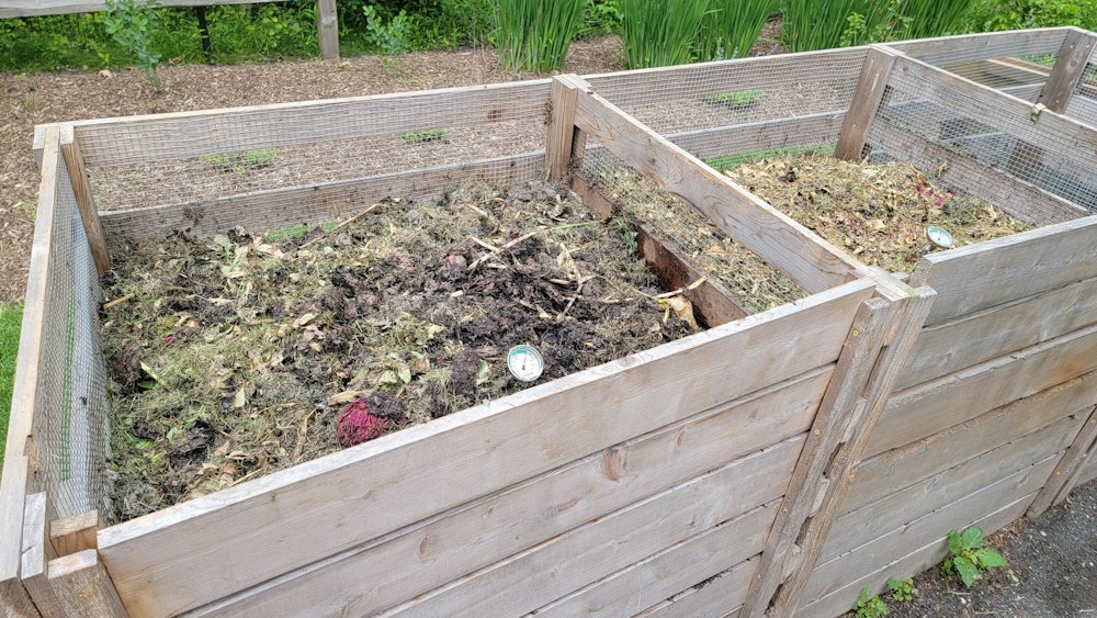 Wooden compost bins filled with garden and kitchen waste